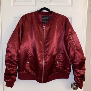 F21 Burgundy Silky Bomber Jacket